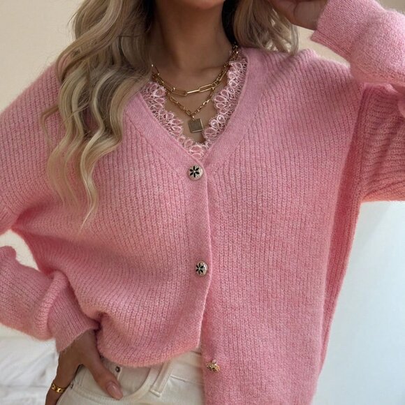 Pink Casual Women's V Neck Cardigan with Lace Trim - Picture 6 of 8